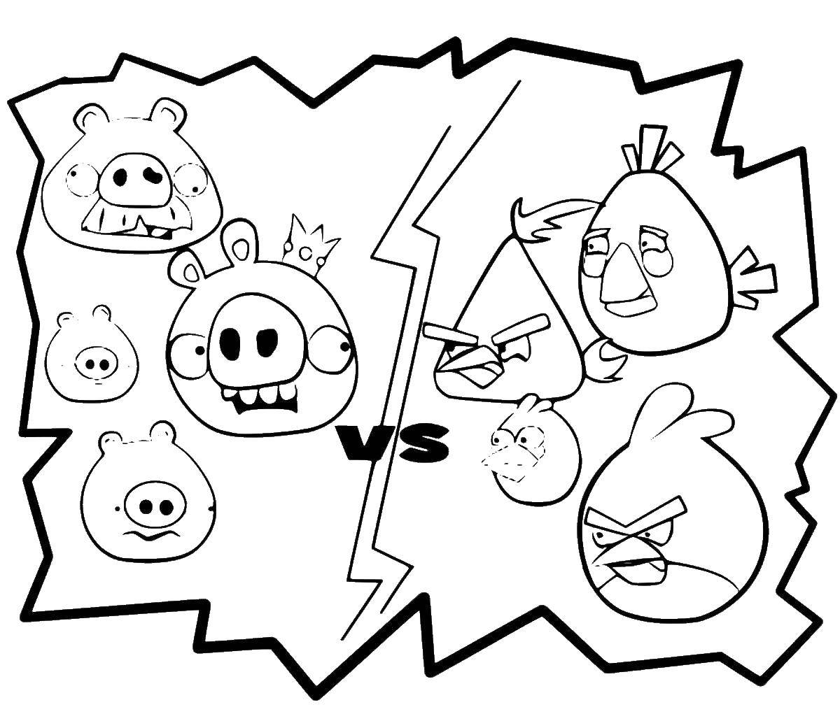 Раскраска Птички и свинки из angry birds  Скачать ,Игры, Angry Birds ,.  Распечатать 