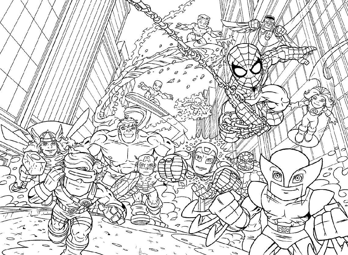 Раскраска Супер герои marvel Скачать ,человек паук, халк, железный человек, капитан Америка,.  Распечатать 