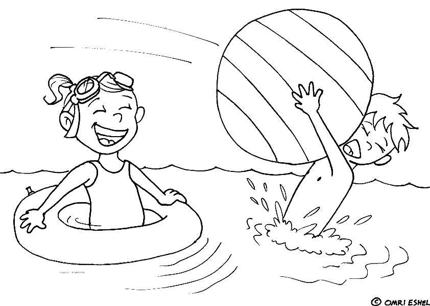 Раскраска Дети играют с мячом в воде Скачать ,море, вода, дети, мяч,.  Распечатать 