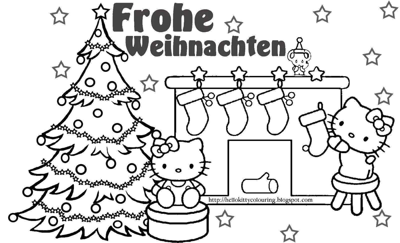 Название: Раскраска Китти, рождество. Категория: рождество. Теги: Рождество, Хэллоу Китти, елка, камин.