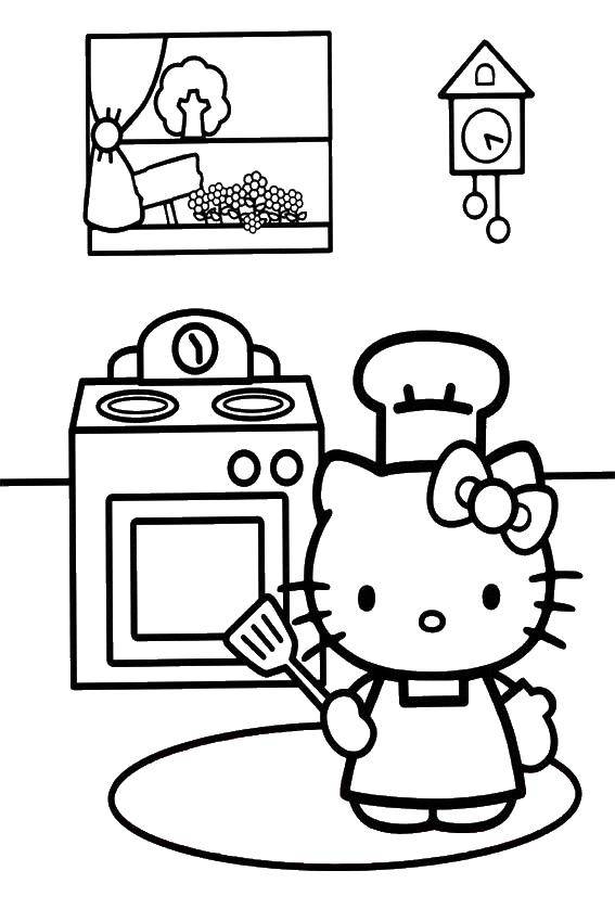 Раскраска Hello kitty на кухне Скачать ,Hello Kitty, плита, фартук, лопатка,.  Распечатать 