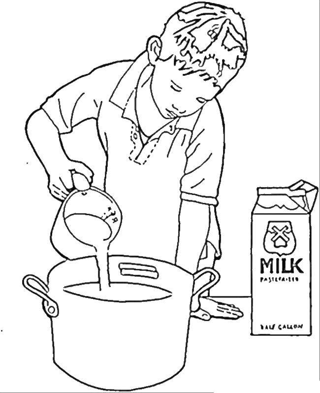 Раскраска Мальчик готовит Скачать ,кухня, готовка, мальчик,.  Распечатать 