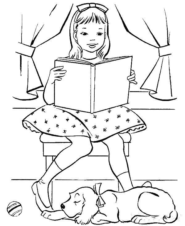 Раскраска Девочка читает книги Скачать ,книга, девочка,.  Распечатать 