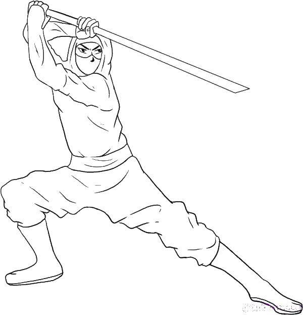 Раскраска Ниндзя с оружием Скачать ,ниндзя, воин, меч, оружие,.  Распечатать 