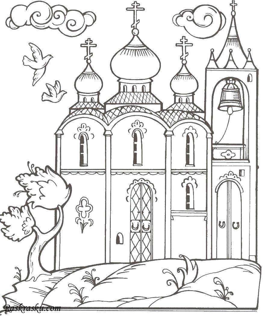 Раскраска Голуби летят мимо церкви Скачать ,Церковь,.  Распечатать 