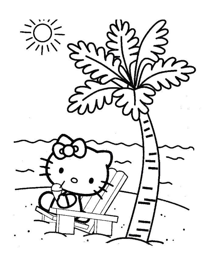 Раскраска Hello kitty на пляже Скачать ,Hello Kitty, палма, солнце,.  Распечатать 
