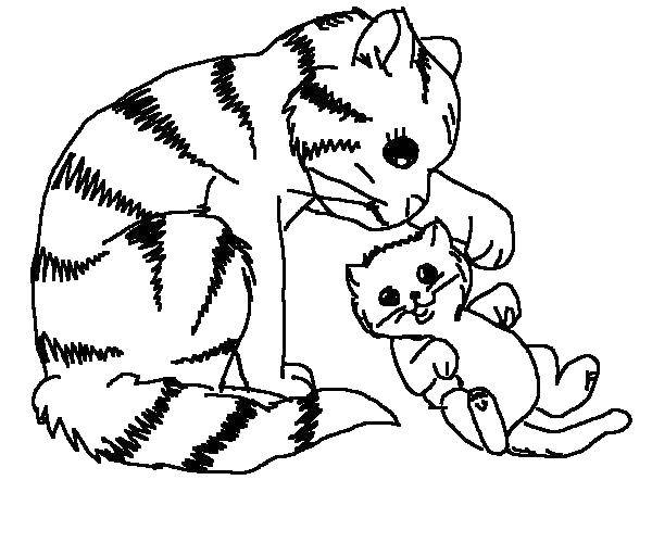 Раскраска Кошка и ее котенок Скачать ,котенок, кошка,.  Распечатать 