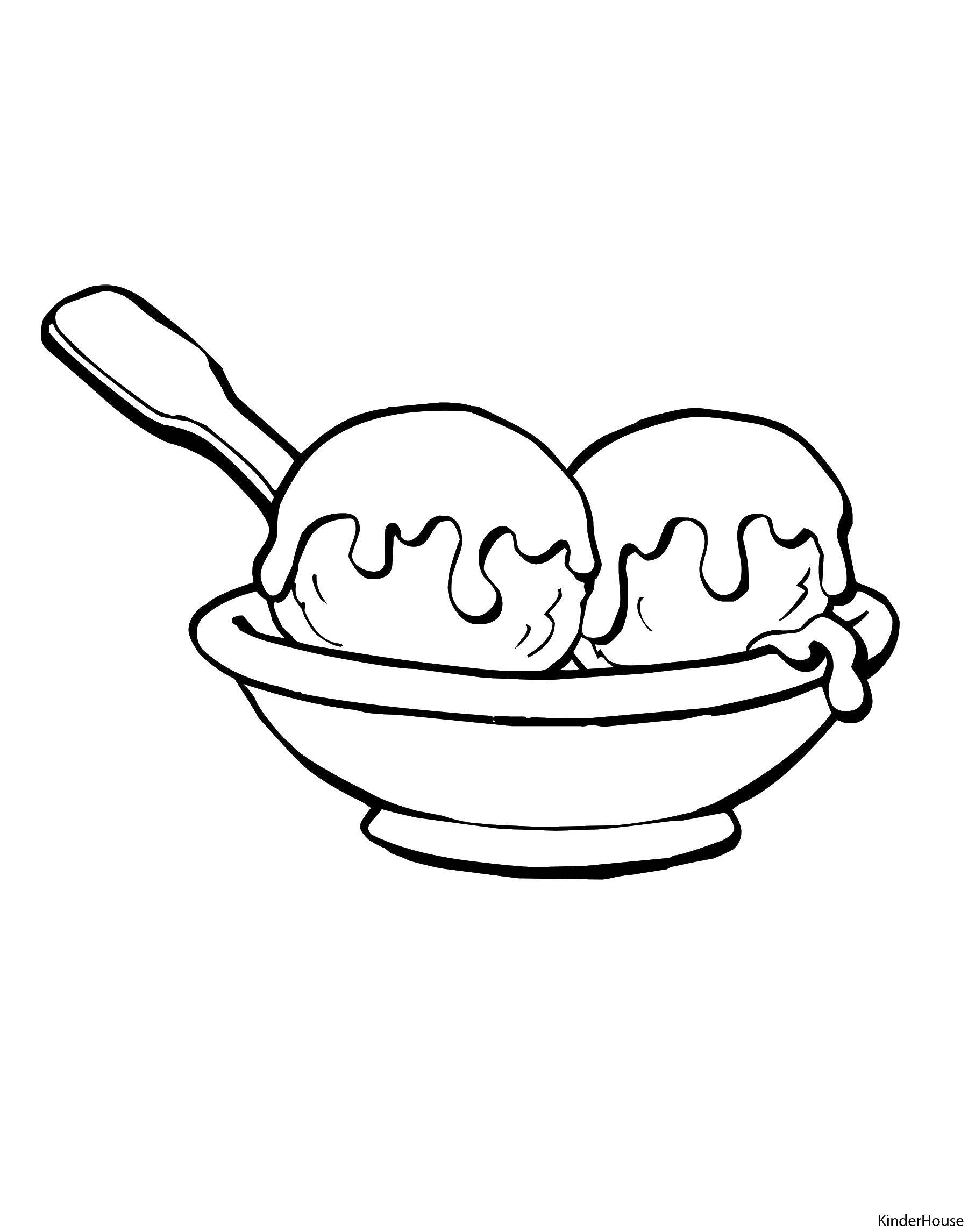 Раскраска Чашка с мороженым Скачать ,мороженое, чашка, ложка,.  Распечатать 